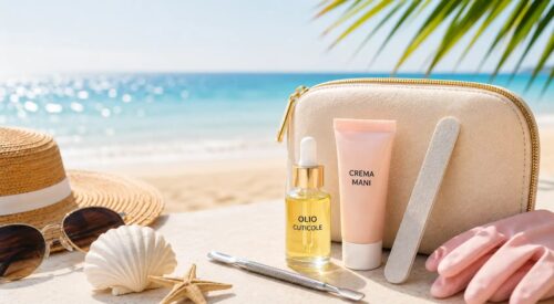 Kit unghie da vacanza con olio per cuticole, crema mani, lima e accessori per mantenere la manicure perfetta durante l'estate.
