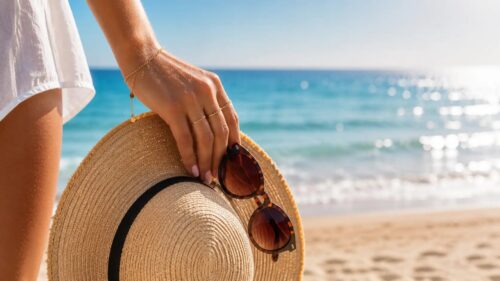 Mano con manicure rosa naturale che tiene un cappello di paglia e occhiali da sole sulla spiaggia, immagine che rappresenta i fattori estivi che possono influenzare la durata della ricostruzione delle unghie