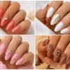 Collage con quattro nail art gioiello estive: manicure corallo, bianca, rosa e marrone con cristalli, strass e dettagli oro per un look elegante e luminoso.