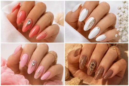 Collage con quattro nail art gioiello estive: manicure corallo, bianca, rosa e marrone con cristalli, strass e dettagli oro per un look elegante e luminoso.