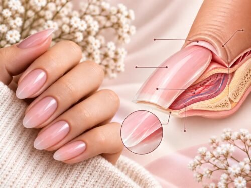 Manicure rosa con illustrazione anatomica della struttura dell'unghia, della lamina e del letto ungueale.